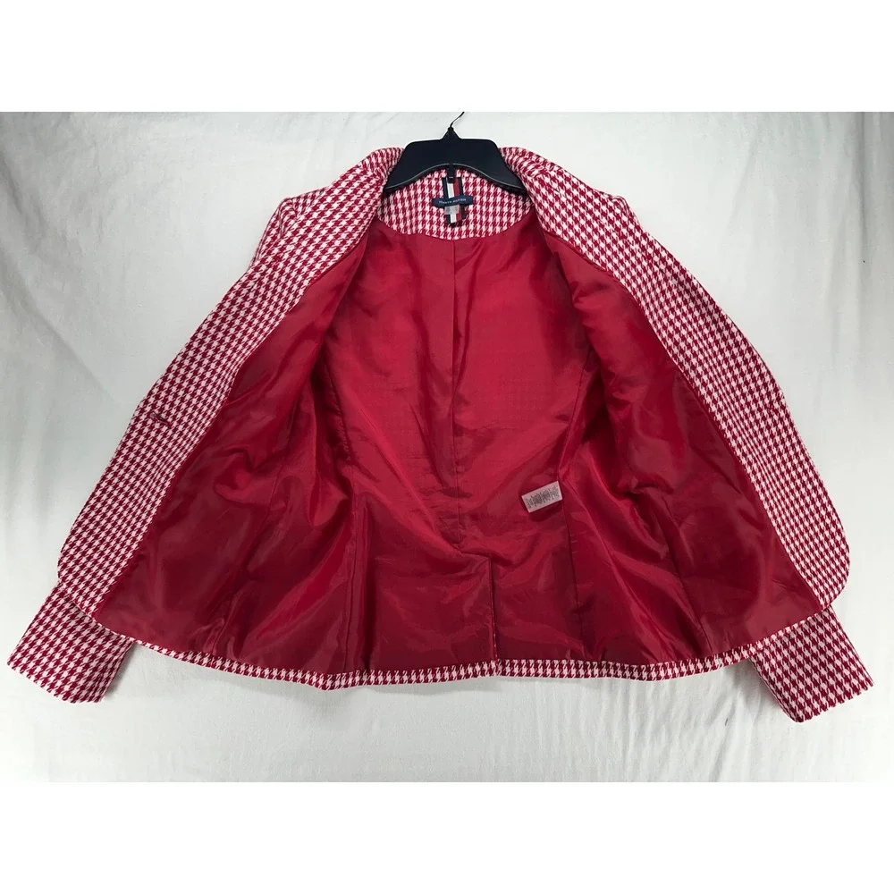 Tommy Hilfiger Red White Houndstooth Blazer Jacket Single Button Size 6